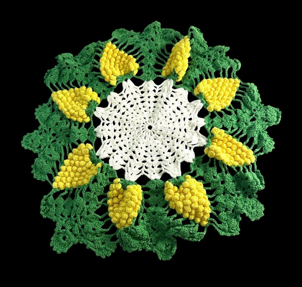 Vintage Hand Crocheted Lemon Doily Yellow Green White 13”